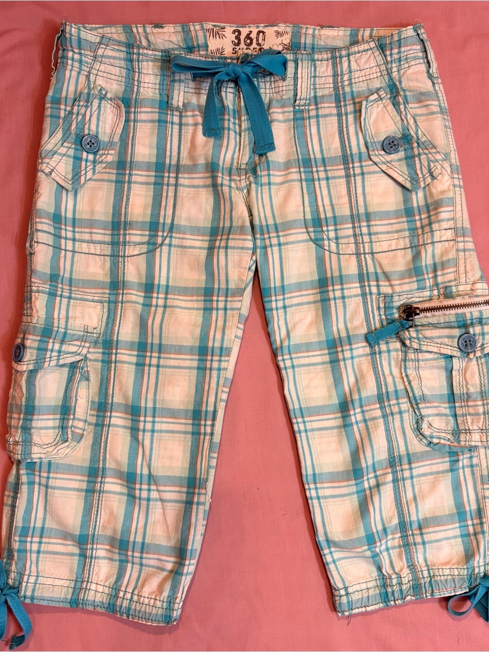Teal Plaid Cargo Capris